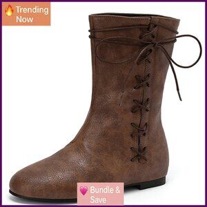 Vintage Lace-Up Ankle Boots Women's Size 7 PU Leather Flat Heel